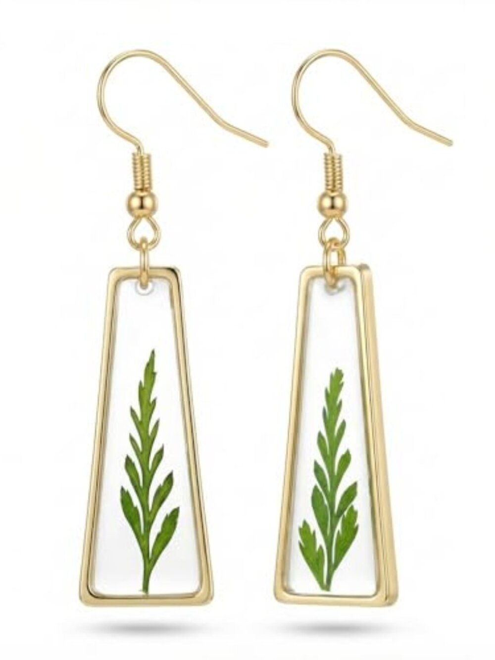 Pressed Green Leaf Earrings for Women - 14K Gold Plated‎ Resin Dangle Earrings